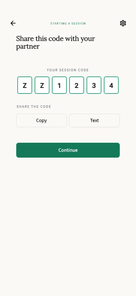 The start-a-session screen, showing the 6-character code to share