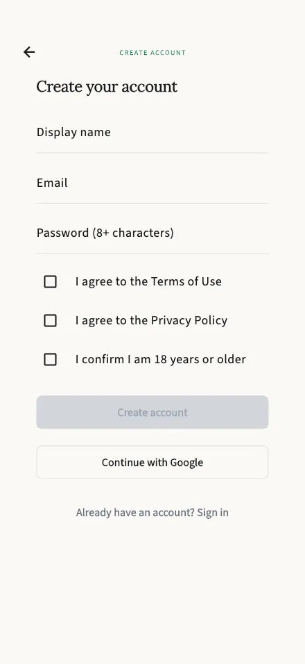 Create your account screen
