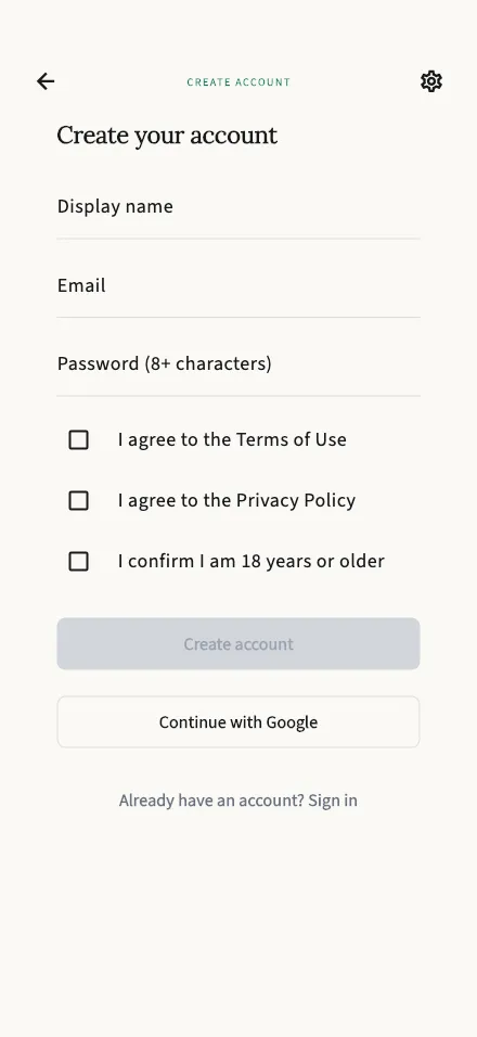 The create-account screen